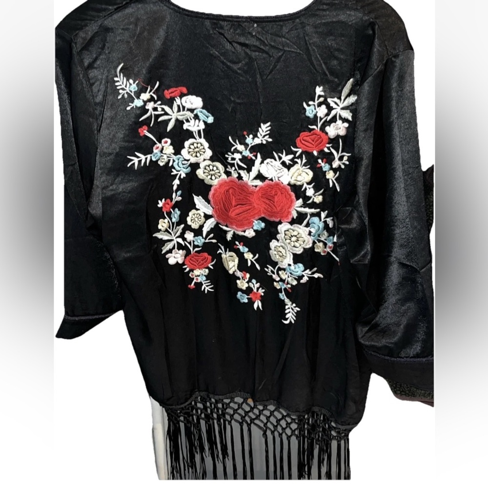 Paparazzi BLACK SATIN Asian fringed KIMONO Colorful Floral Embroidered womens XL